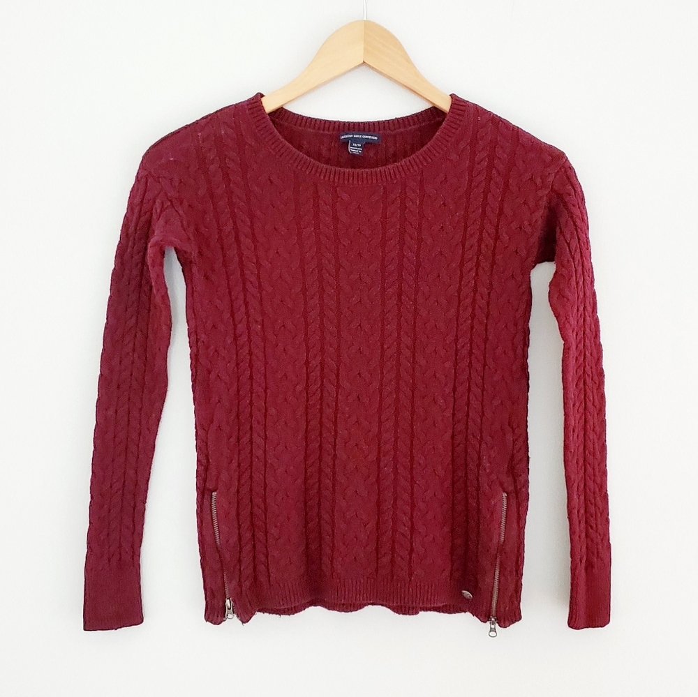 American Eagle maroon fitted cable knit sweater